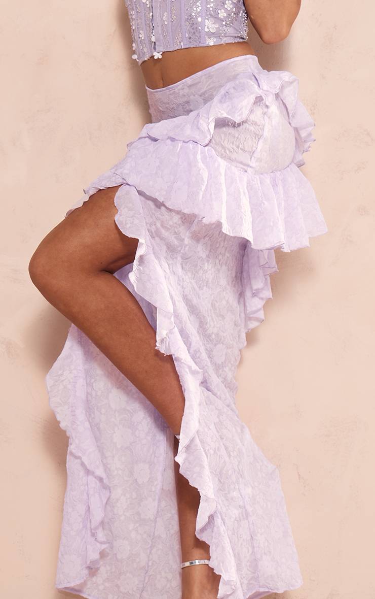 Lilas Jupe Longue En Mousseline De Soie Transparente Texturée À Volants