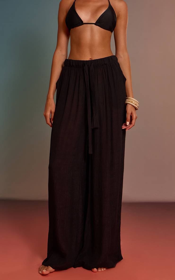 Noir Pantalon De Plage Palazzo Aspect Lin