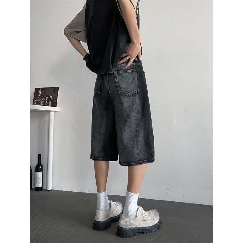 Filmas - Mid Rise Washed Distressed Wide Leg Jorts
