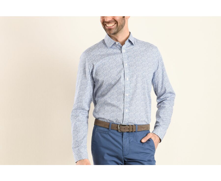 Chemise coton bleue imprimée motifs blancs et rouges - EDALBERT