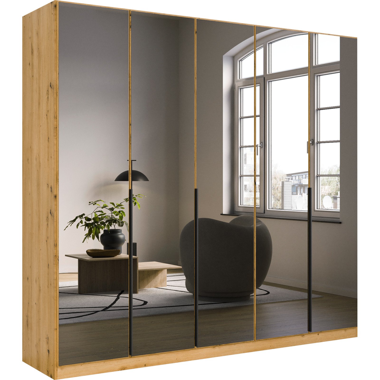 Drehtürenschrank Skyla, 226 x 210 x 54 cm, mit Spiegelfront