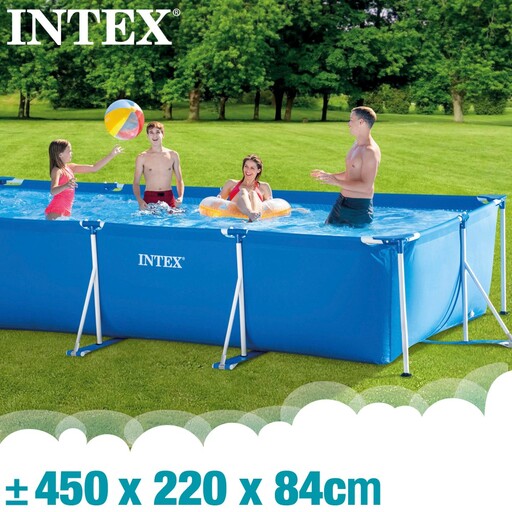 Piscina tubular retangular Intex com estrutura metálica e bomba de filtro