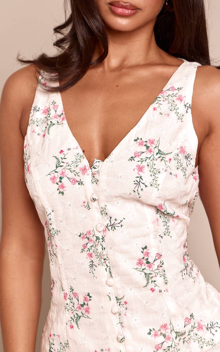 Blanc Top Court Ajusté Petite À Broderies Florales Et Boutonnage Devant Coordonné