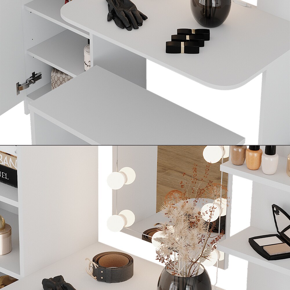 Vicco Schminktisch Jasmin Weiß 123 cm mit LED-Beleuchtung und Bank