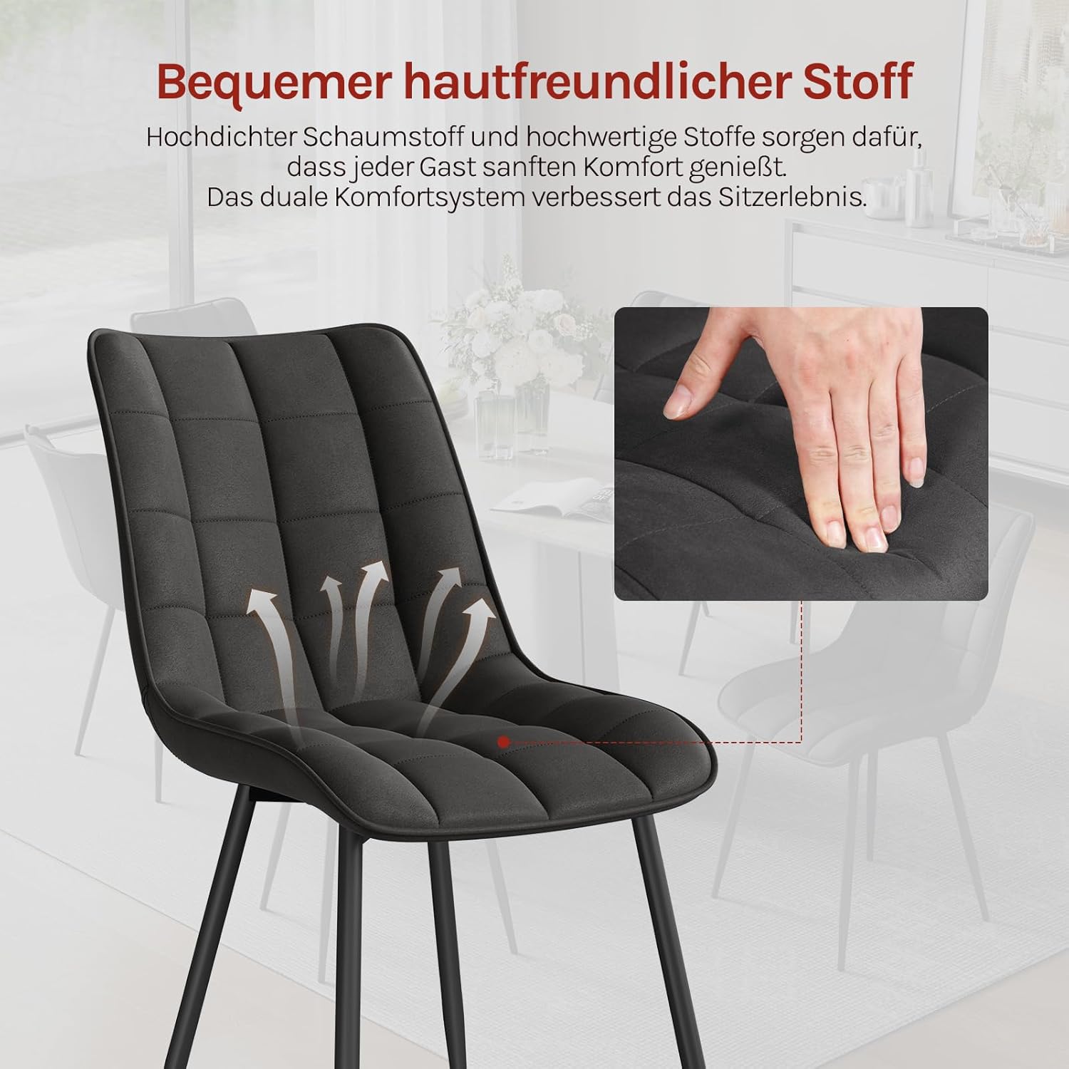 WOLTU Esszimmerstühle 2er Set, für Wohnzimmer Küche Esszimmer, Küchenstühle gepolstert mit Rückenlehne, Sitzfläche aus Stoffbezug, mit Metallbeinen, bis 150 kg belastbar, Anthrazit