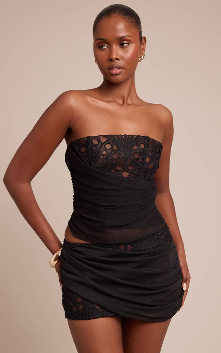 Noir Délavé Corset À Détail Drapé En Dentelle Florale