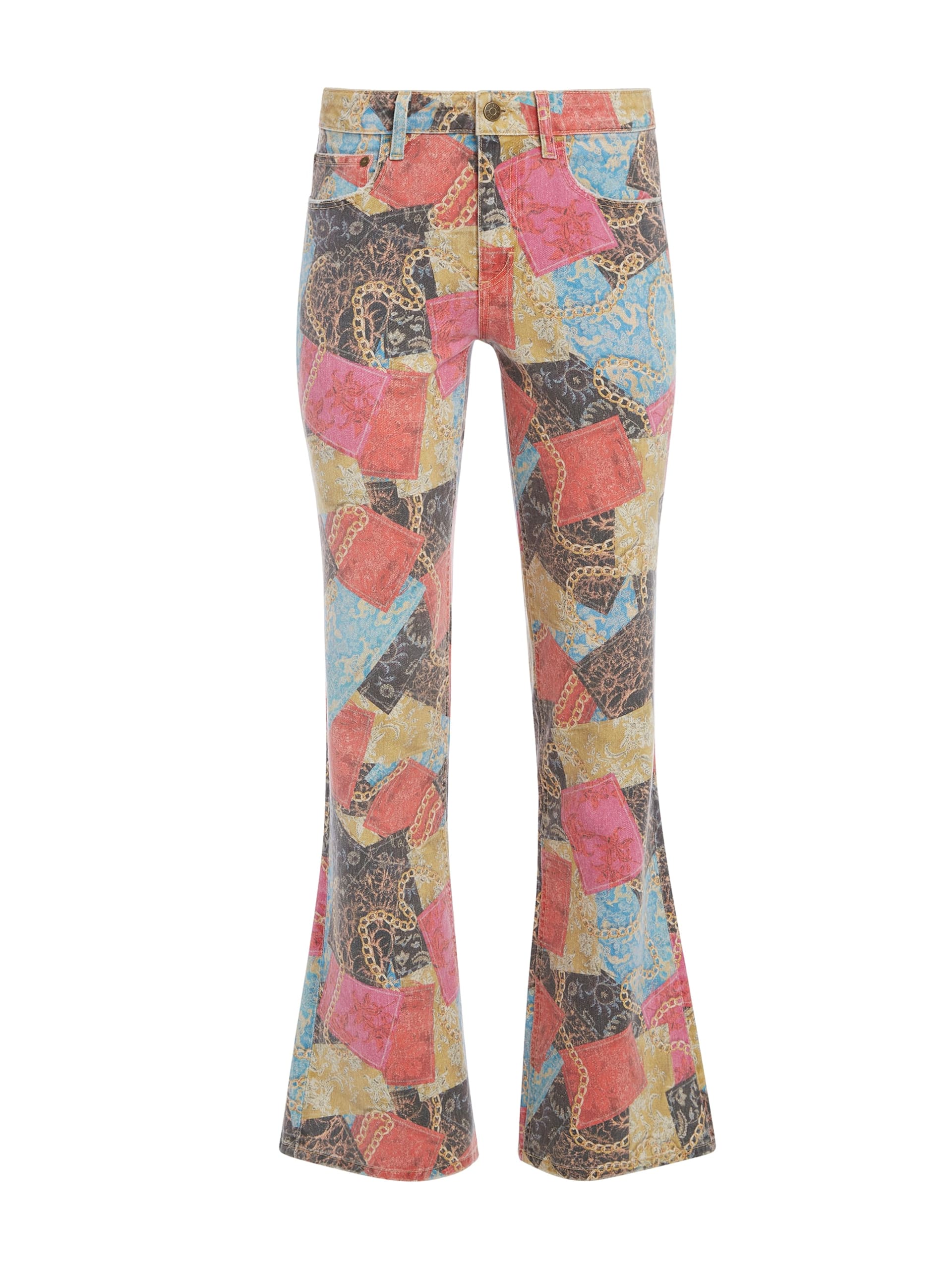 Calça jeans flare estampada