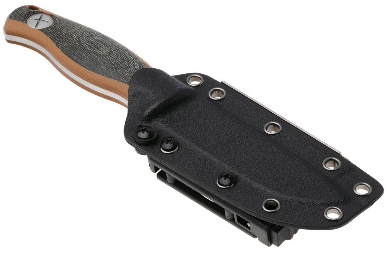 Kizer Polaris 1100A1, Satin AEB-L, Brown G10 / Black Micarta vaststaand mes, Azo design