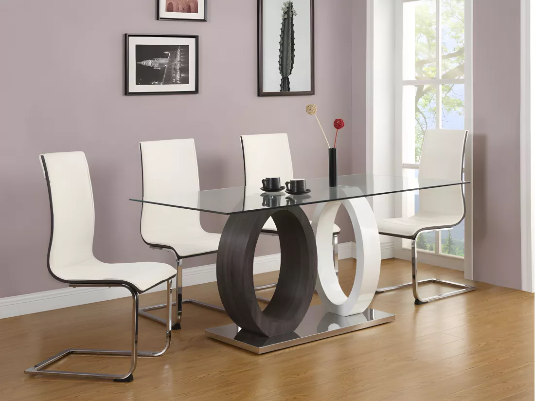 Table à manger AYANE - 6 personnes - Verre trempé et MDF - Gris & Blanc