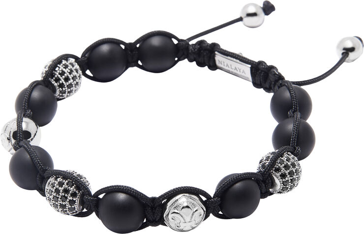 Nialaya Men's Beaded Bracelet with Matte Onyx and Silver Black