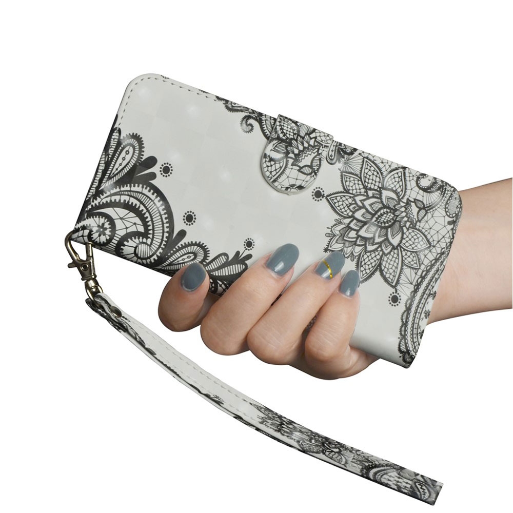 iPhone 12 / iPhone 12 Pro Leder Tasche mit Kartenfach   Handschlaufe - Blumen Mandala (Weiss)