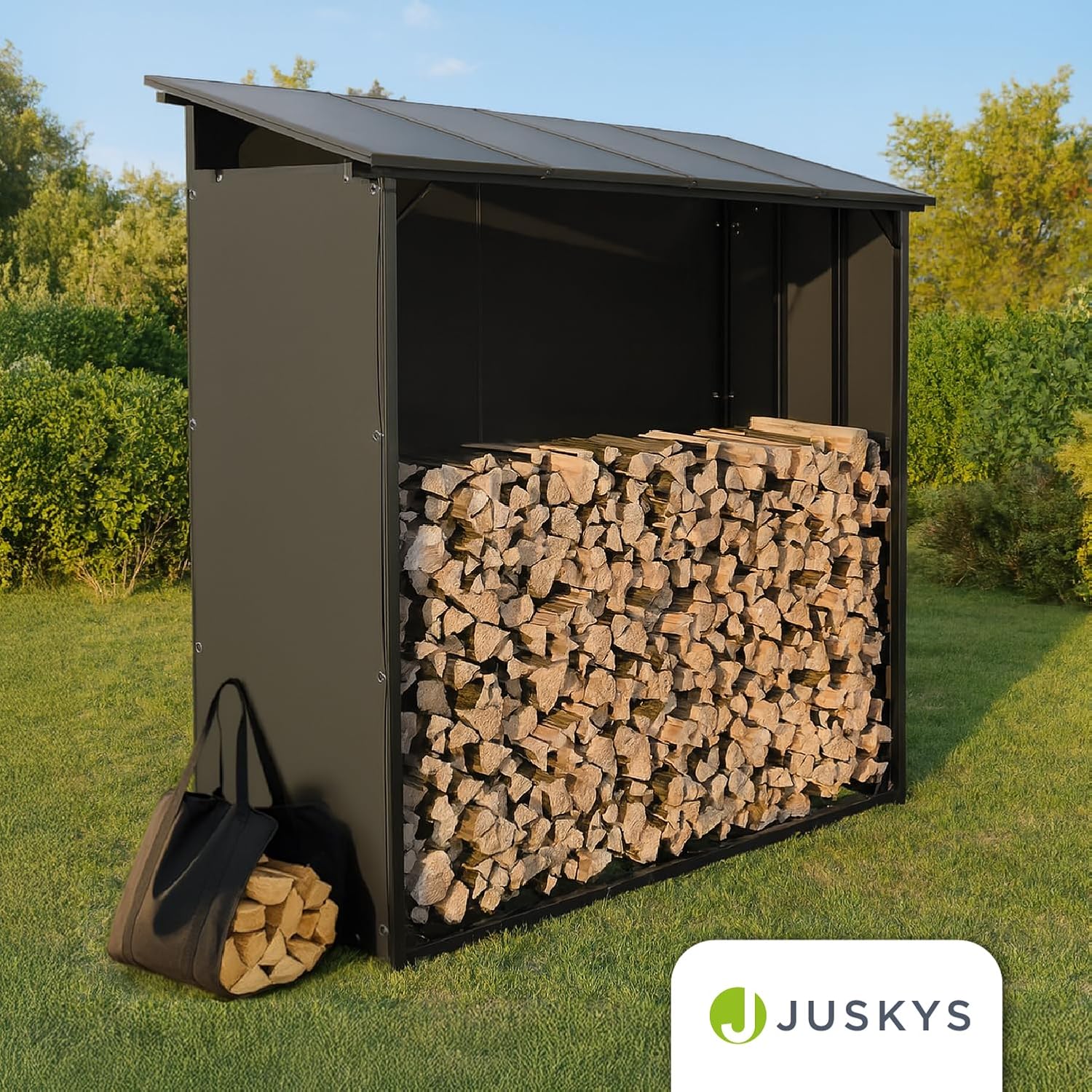 Juskys Kaminholzregal mit Dach – wetterfest, mit UV-beständiger Plane, erhöhter Boden & einfacher Montage, ideal für Outdoor-Lagerung