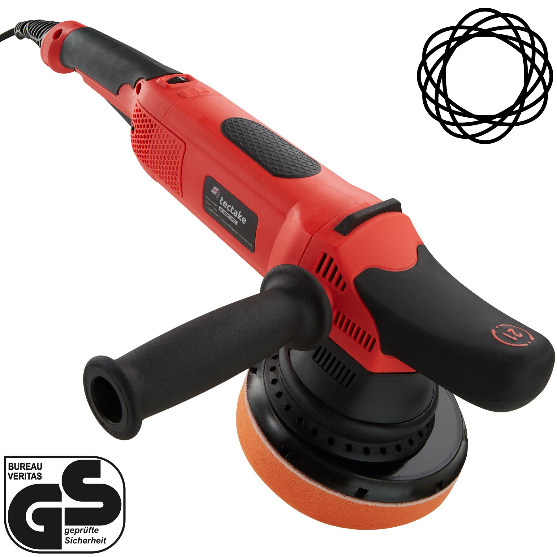 tectake® 3-teiliges Exzenter Poliermaschinen-Set, 810 W, mit Bogenhandgriff und zusätzlichem Stabgriff, inklusive 2 Ersatzkohlen