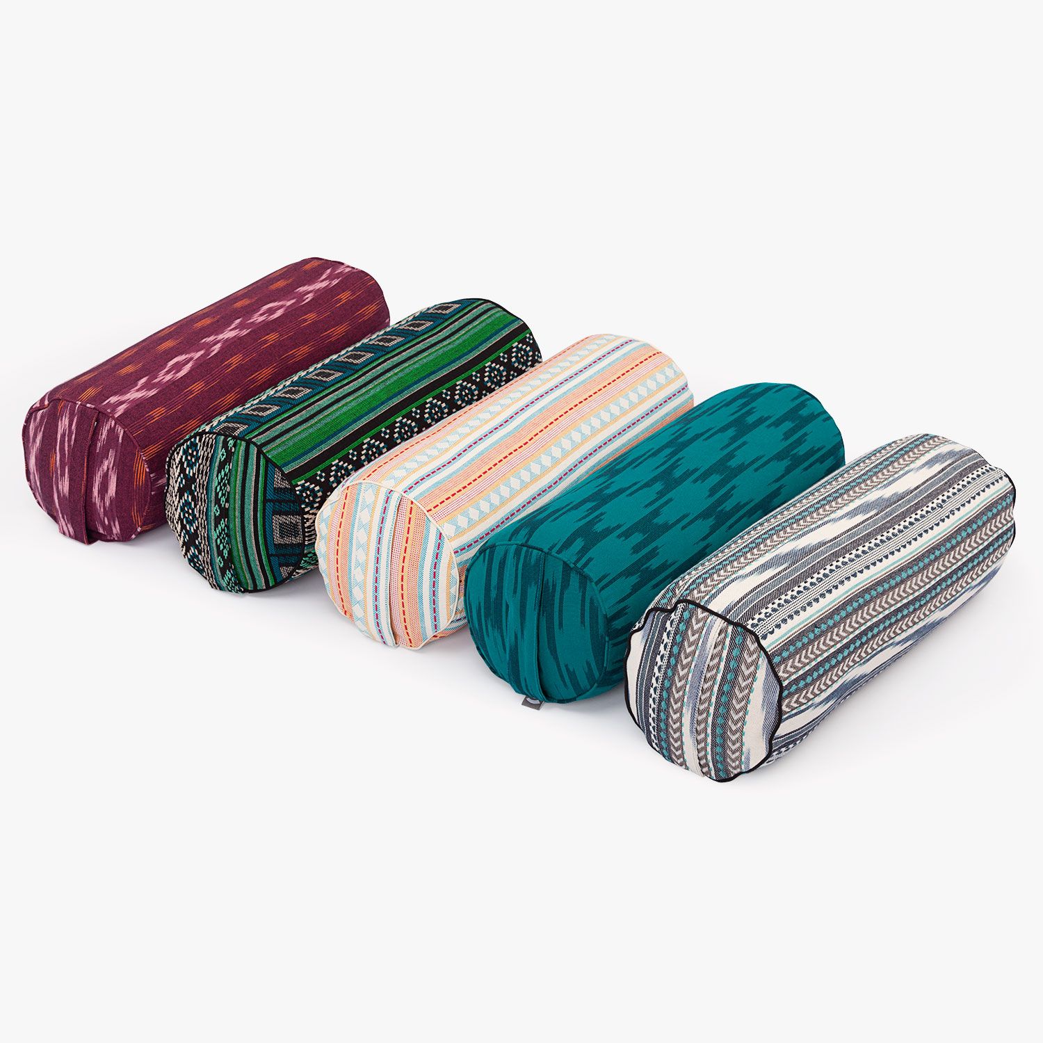 bodhi ETHNO Collection: Yoga-Bolster (rund), Ikat-Webstoff, schwarz-weiß-blau gem., Dinkelhülsen