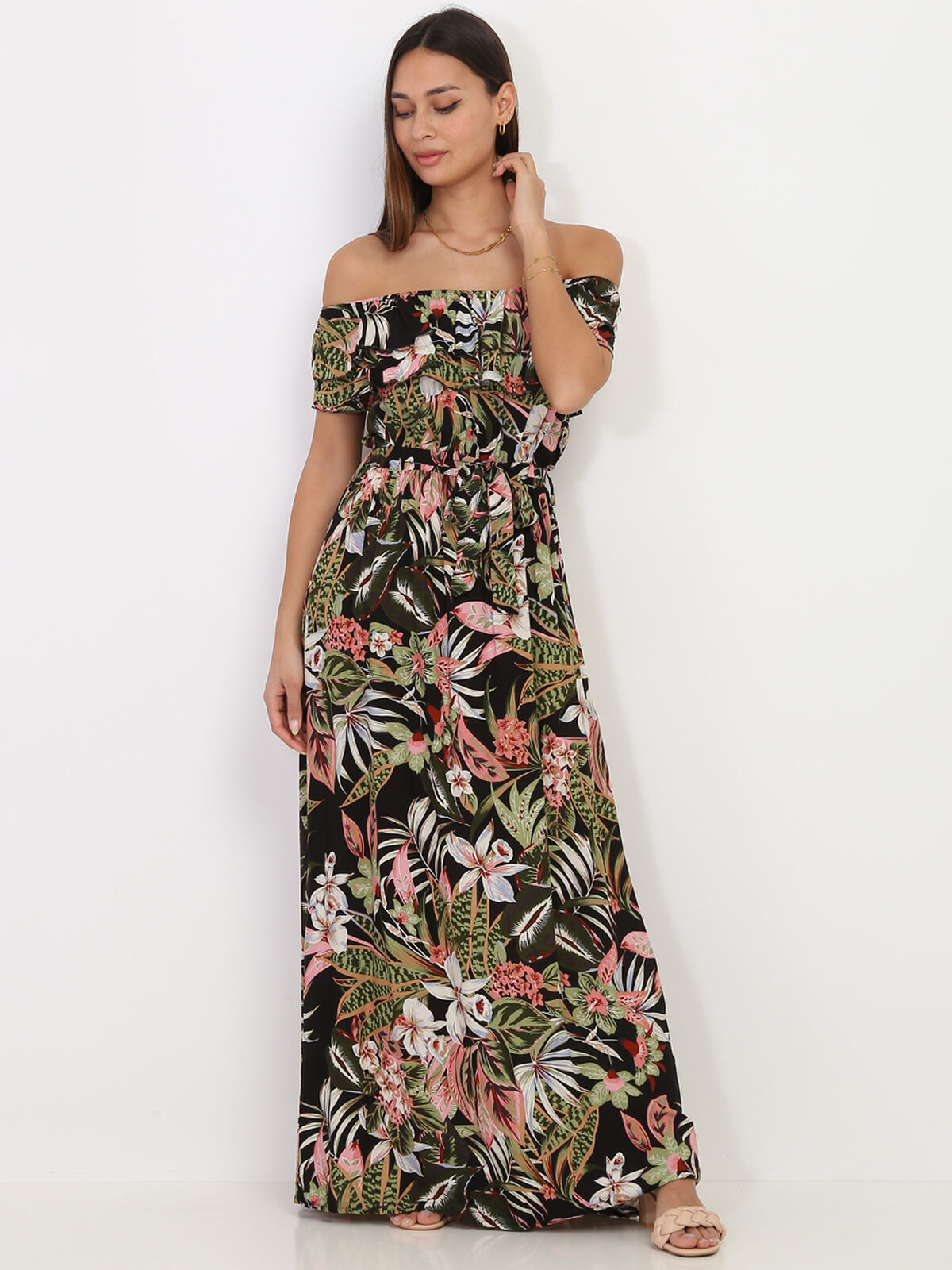 Robe col bardot à motif fleurs tropicales- Noir