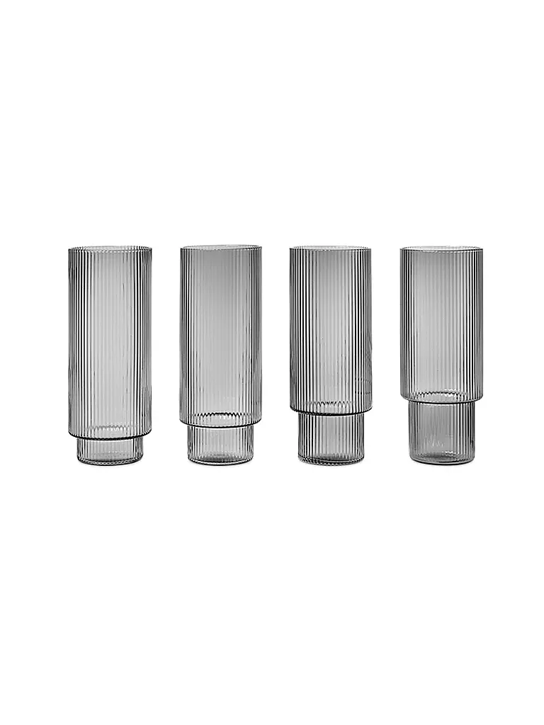 FERM LIVING Longdrink Glas 4-er Set RIPPLE Smoked Grey transparent