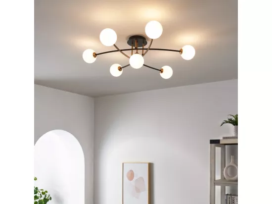 Plafonnier tendance métal noir et verre blanc - Estrela