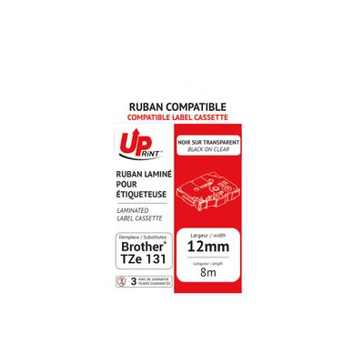 UPrint - Ruban d'étiquettes auto-adhésives pour Brother TZe131 - 1 rouleau (12 mm x 8 m) - fond transparent écriture noire