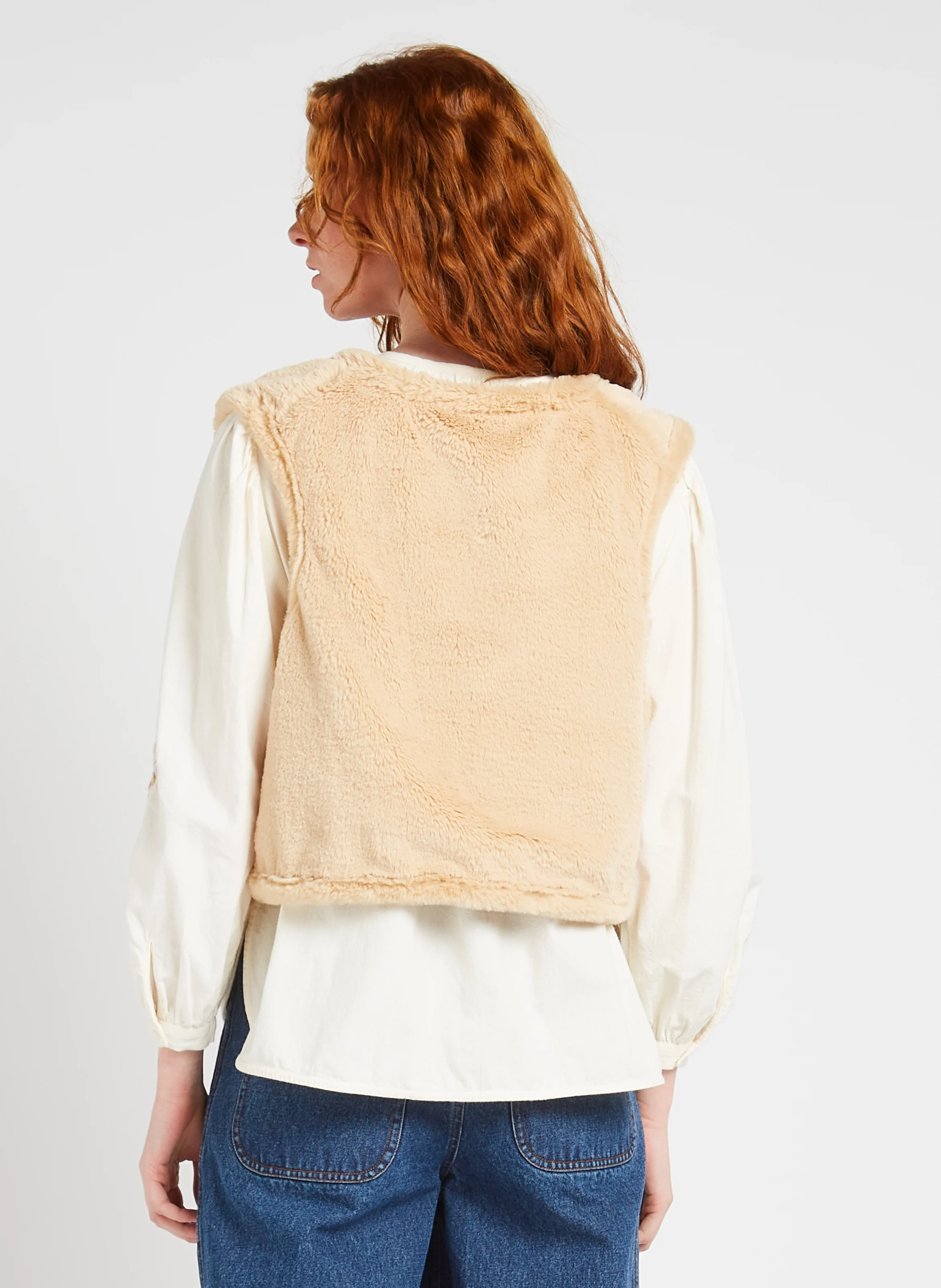 RENEE - Veste col rond brodée en coton bio | Beige