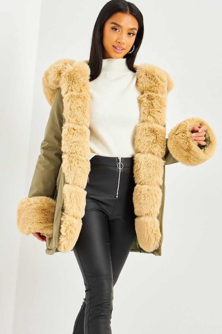Parka kaki à fourrure beige