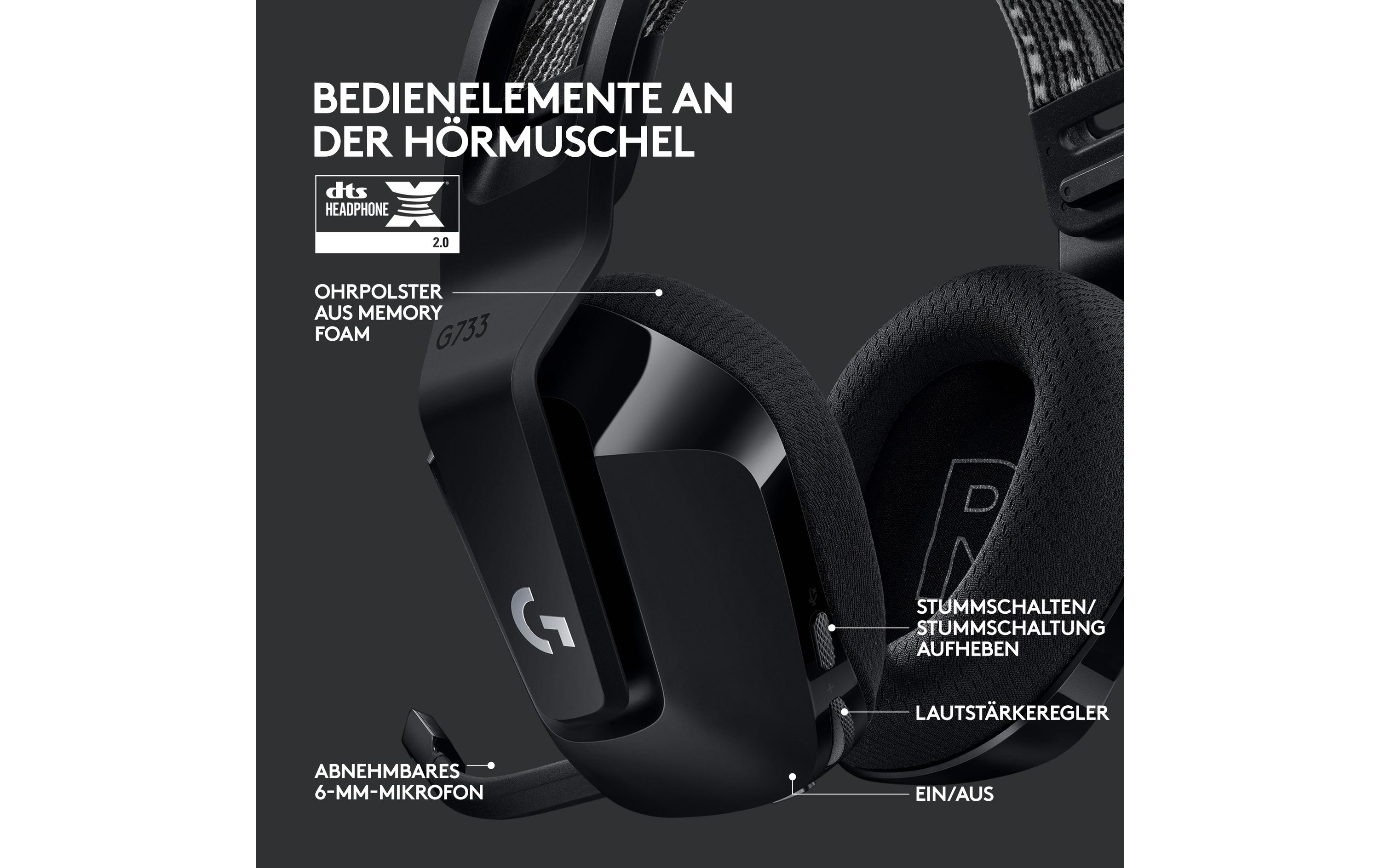 Headset G733 Lightspeed SchwarzWireless-Gaming-Headset mit DTS 7.1 Surround-Sound und RGB Beleuchtung