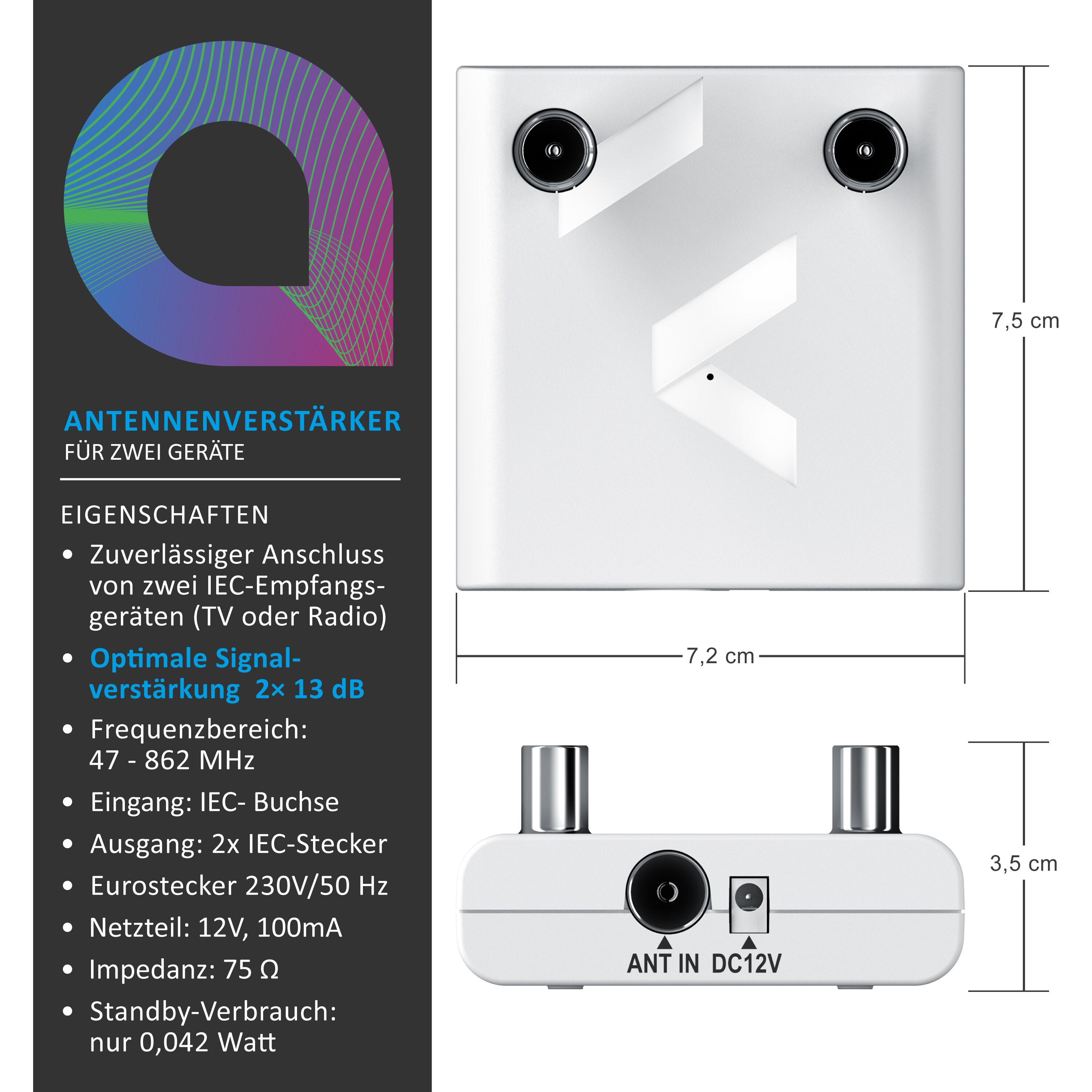 Aplic Verstärker DVB-T2, Kabel TV, Radio Antennenverstärker, 2x 13 dB Signalverstärkung