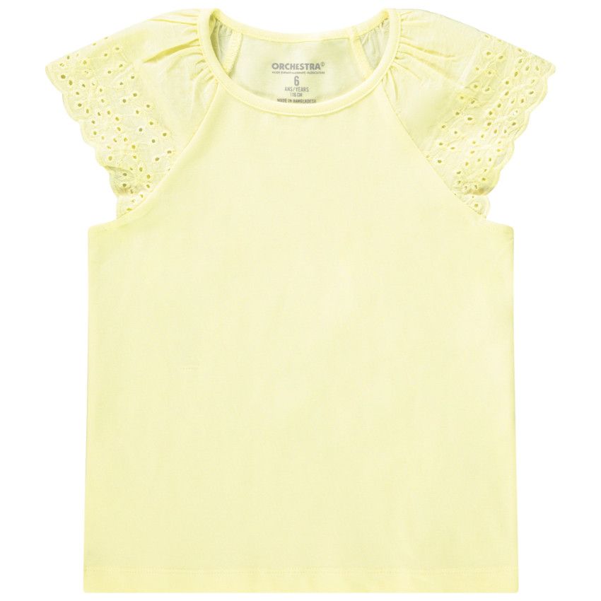 T-shirt manches courtes en broderie anglaise uni pour fille - Jaune