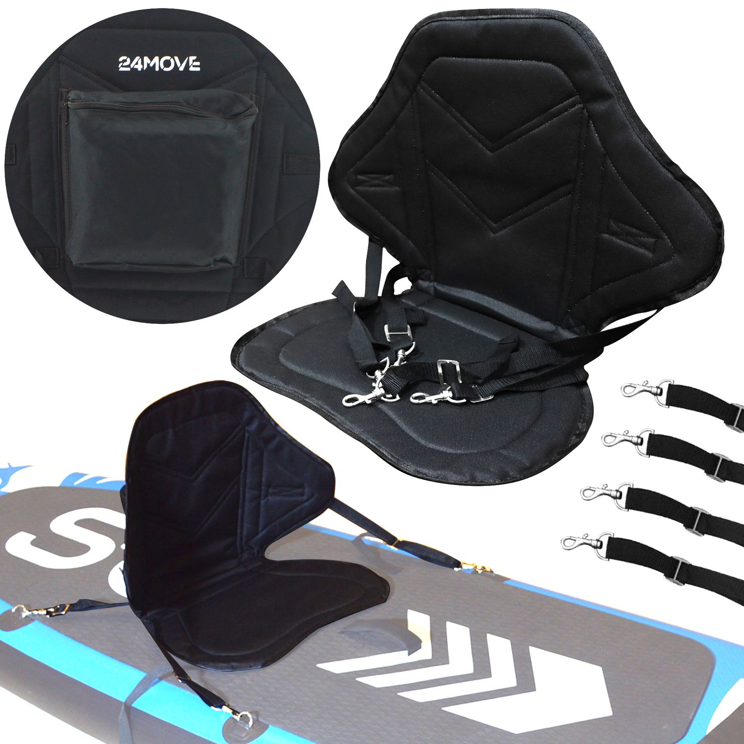 24MOVE® SUP Kajak Sitz für Paddle Boards und Kajaks, gepolstert und ergonomisch, mit Tasche, Surfboard, Stand Up Sitz