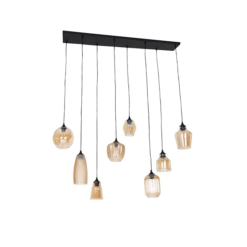 Art deco hanglamp zwart met amber glas 8-lichts - Hanne