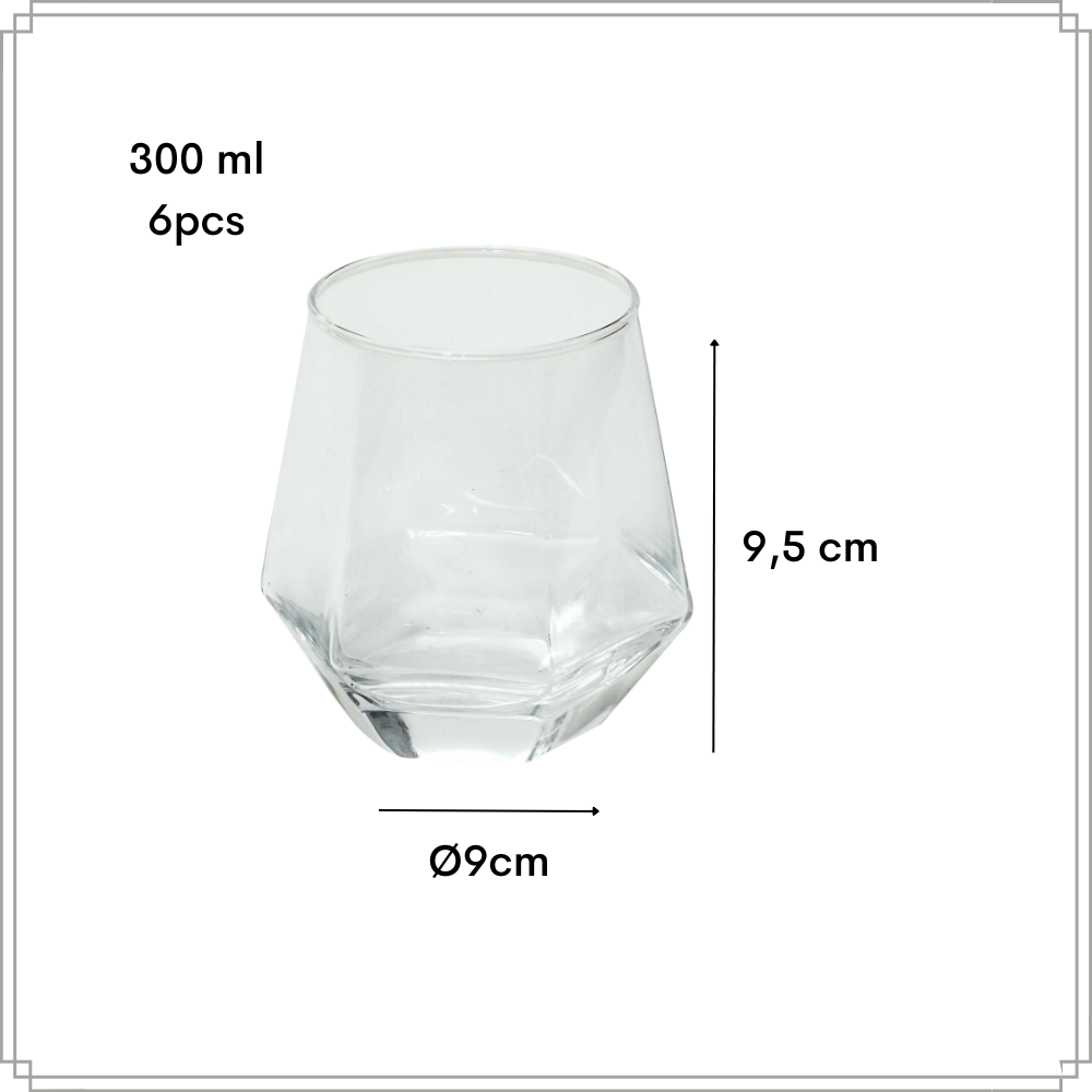 OTIX Waterglazen Set van 6 300ml Diamant vorm Transparant Glas