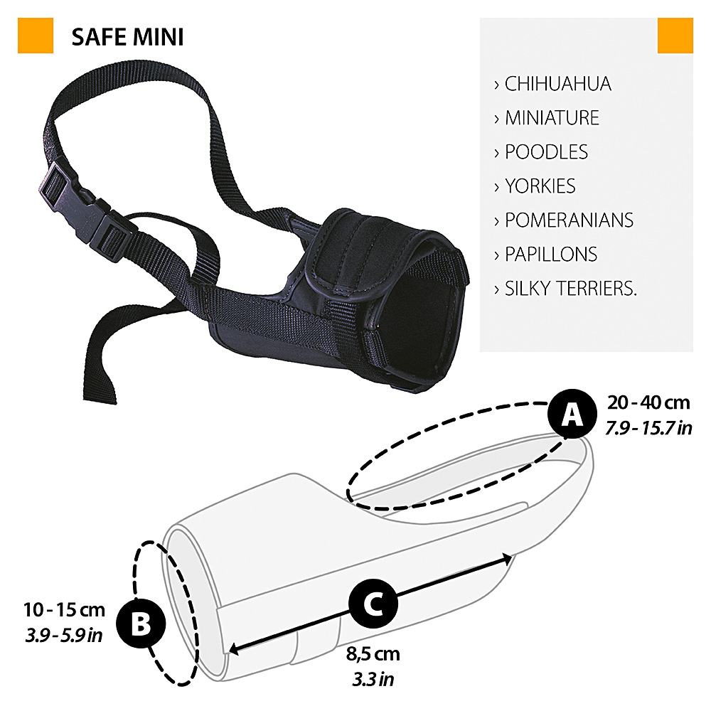 Ferplast muselière pour chiens très petits safe mini anti-morsures, nylon robuste, partie antérieure ouverte, rembourrage souple,