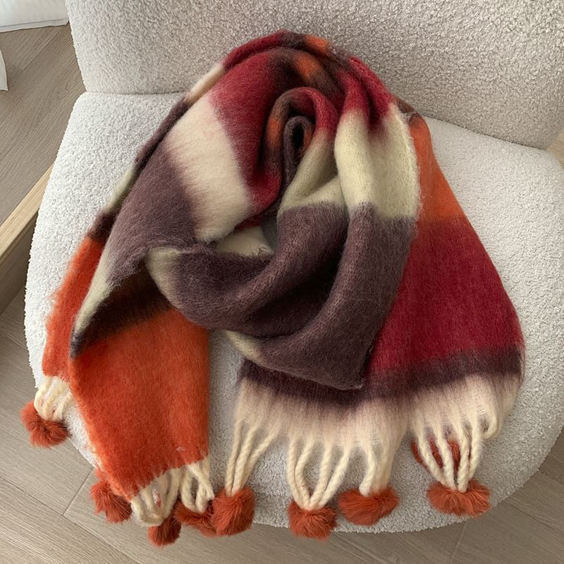 Frior - Gestreepte sjaal met pompons en franjes