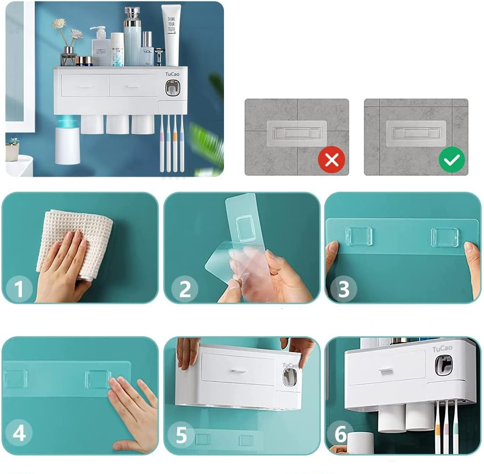 (23x10cm) 2-fach Selbstklebende Multifunktions Halterung Zahnpasta Spender Zahnbürsten Wand Organizer inkl. Becher   Schublade - Grau / Weiss