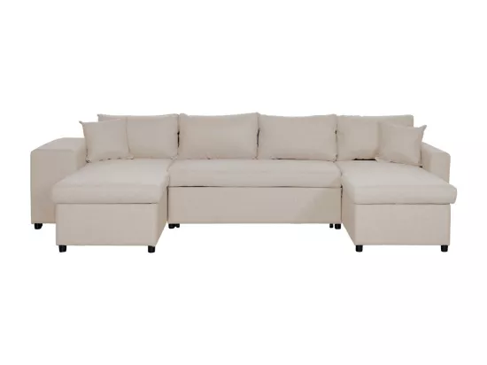 Canapé d'angle panoramique Oslo convertible avec coffres et poufs à gauche - Tissu - Beige - L311 x P146 x H81cm - Loungitude
