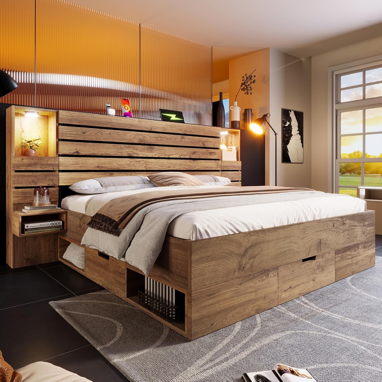 Kebnor Holzbett Doppelbett 160x200 cm mit LED-Downlights und USB Type-C, beleuchtete Nische, schwebende Nachttische, Unterbett-Stauraum mit Schubladen, Eichenoptik (Ohne Matratze) (160×200cm(Typ 3))