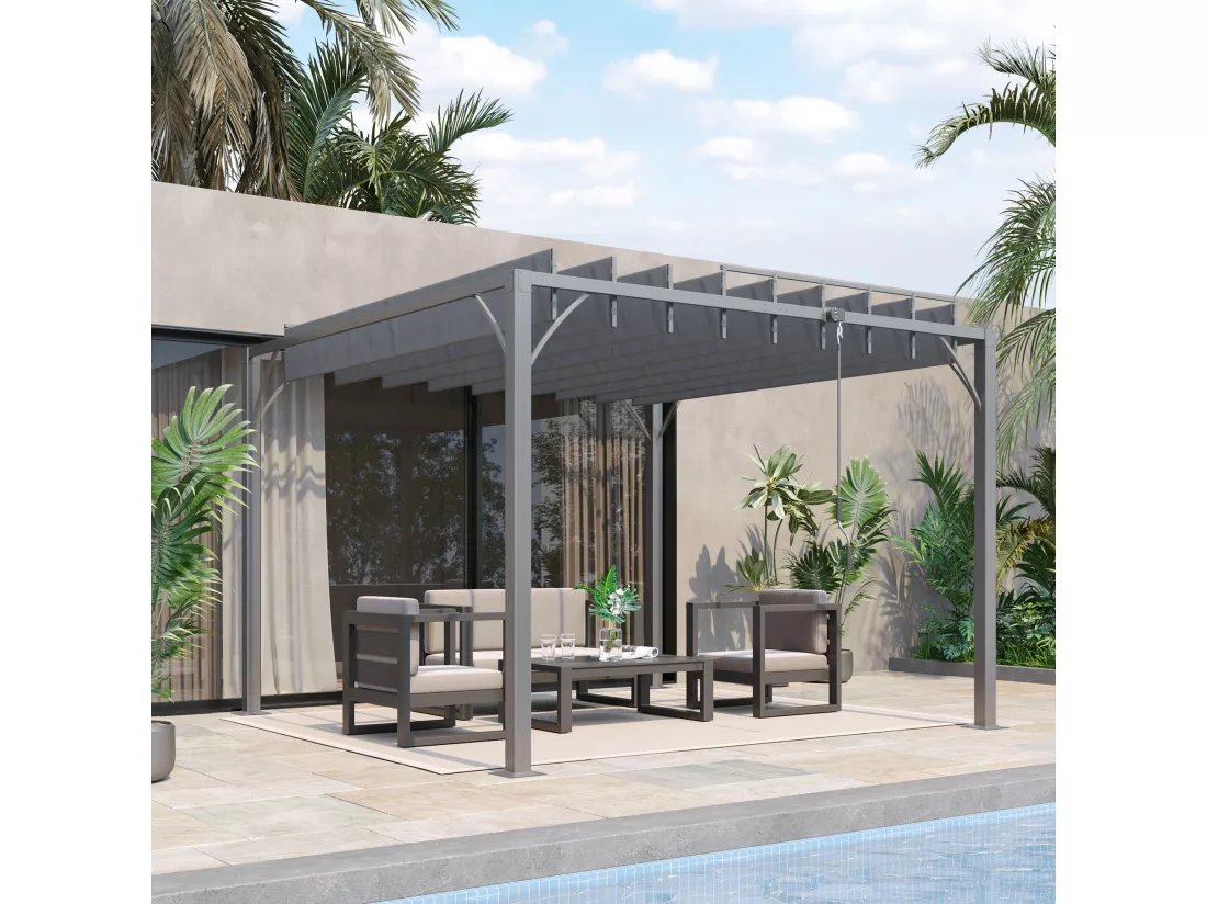 Pergola lames orientables dim. 2,9L x 2,95l x 2,13H m structure alu. acier époxy polyester gris