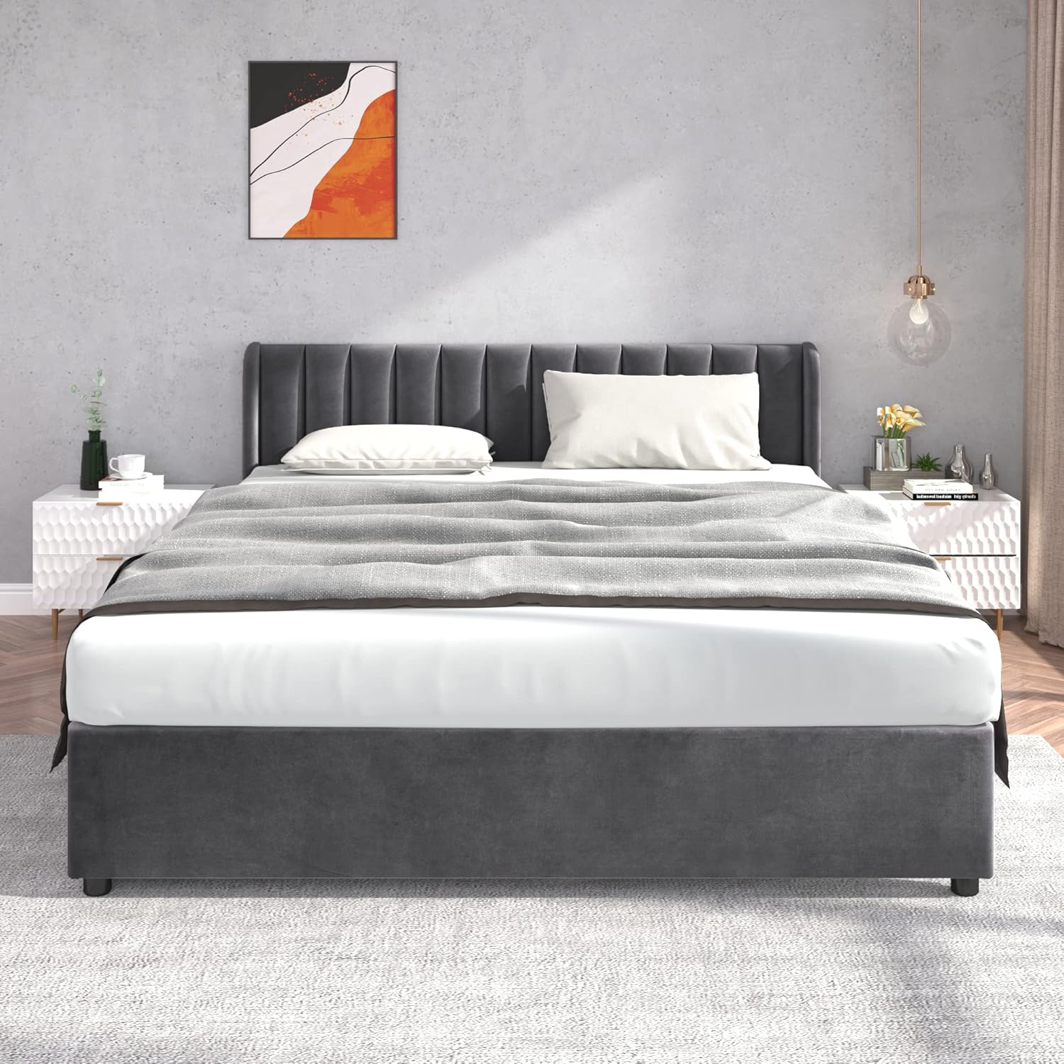 Polsterbett Doppelbett 180x200 cm, Bett mit 2 Stauraum Schubladen und Lattenrost aus Holz, Stauraumbett Bettgestell mit Metallrahmen, Samt, Grau (Ohne Matratze)
