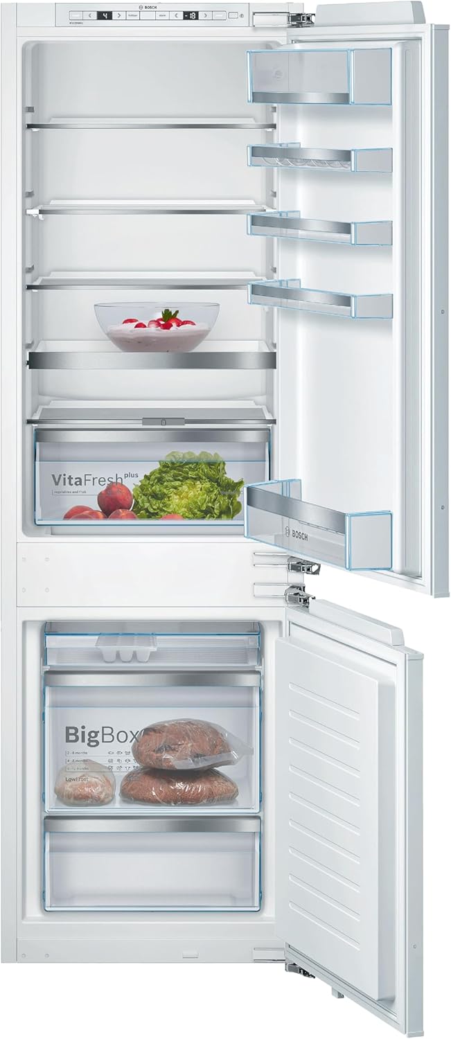 Bosch KIS86AFE0 Serie 6 Einbau-Kühl-Gefrier-Kombination, 177,5 x 56cm Nische, 191L Kühlen & 74L Gefrieren, Flachscharnier, Made in Germany, VitaFresh plus 2x längere Frische, LowFrost seltener abtauen