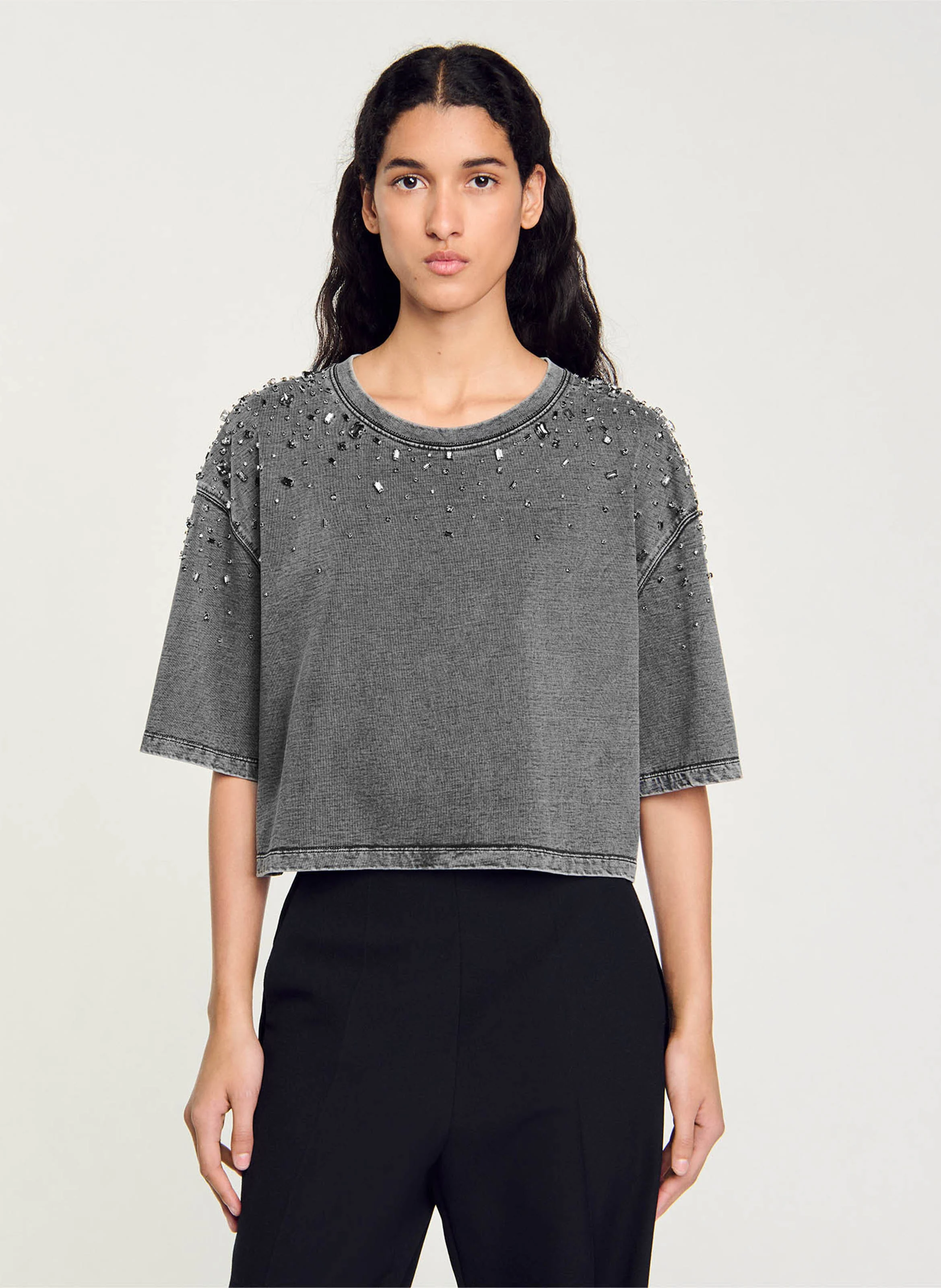 Tee-shirt droit col rond en coton | Gris