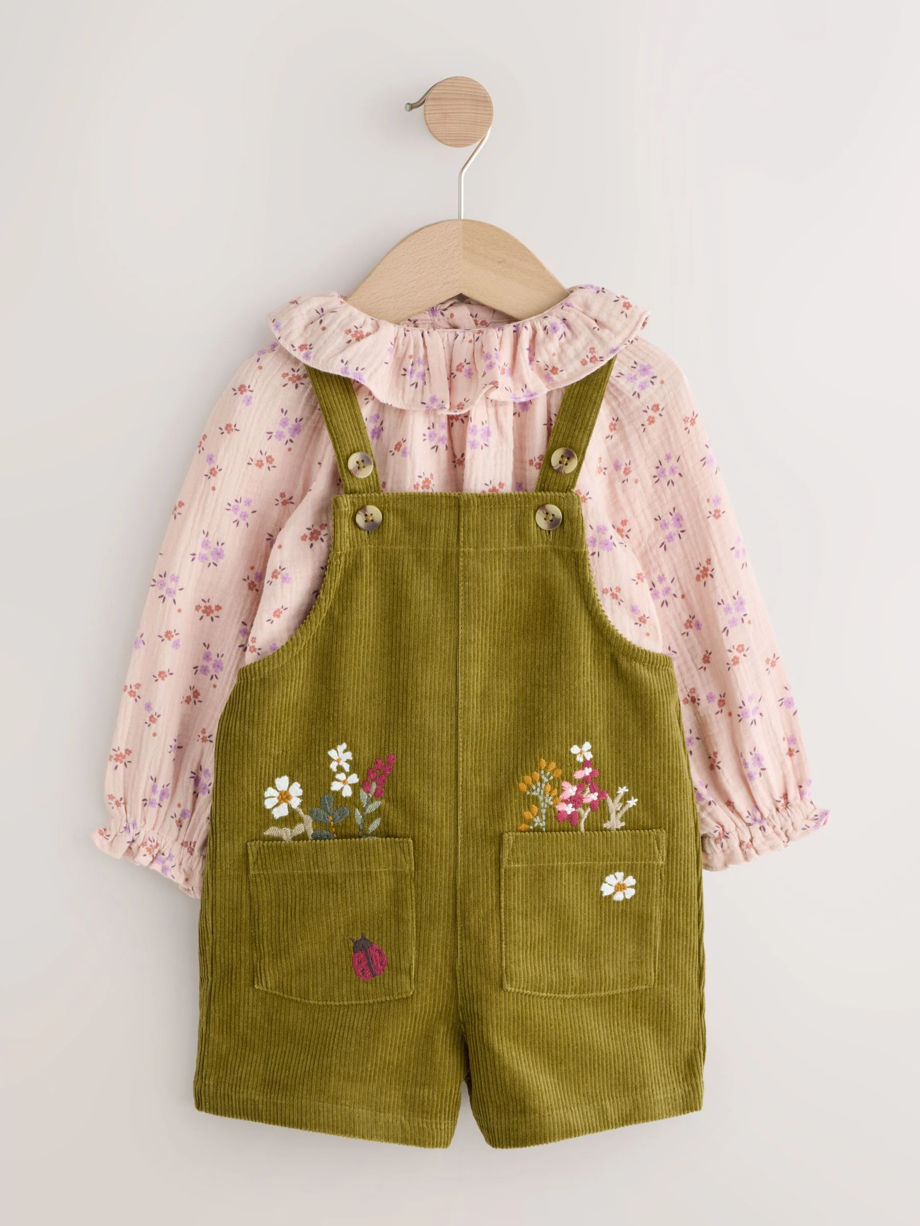 Groen - Set van corduroy bretelbroeken met bloemenprint, blouse en panty's (3mnd -7jr)