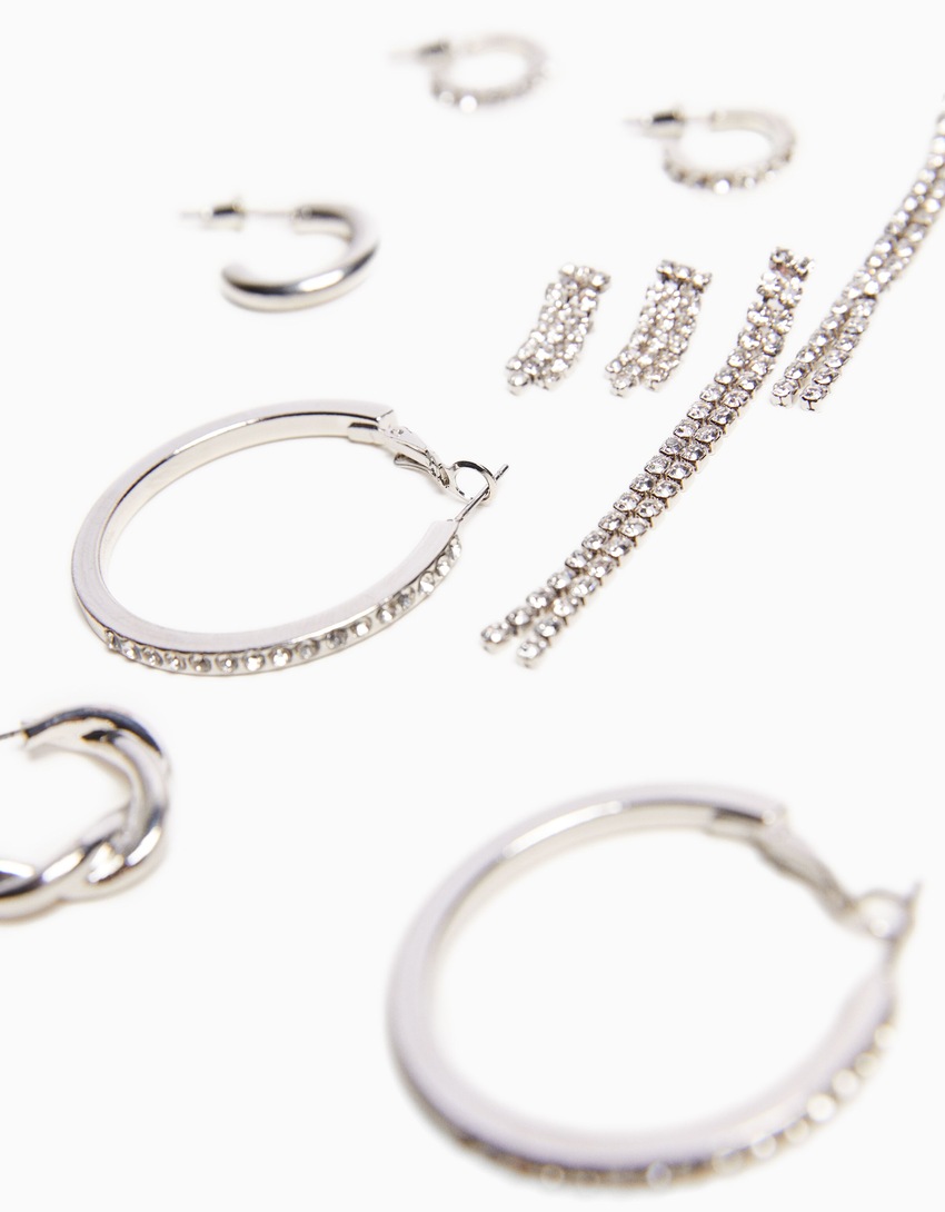 Conjunto de 6 brincos de argola em cascata com strass