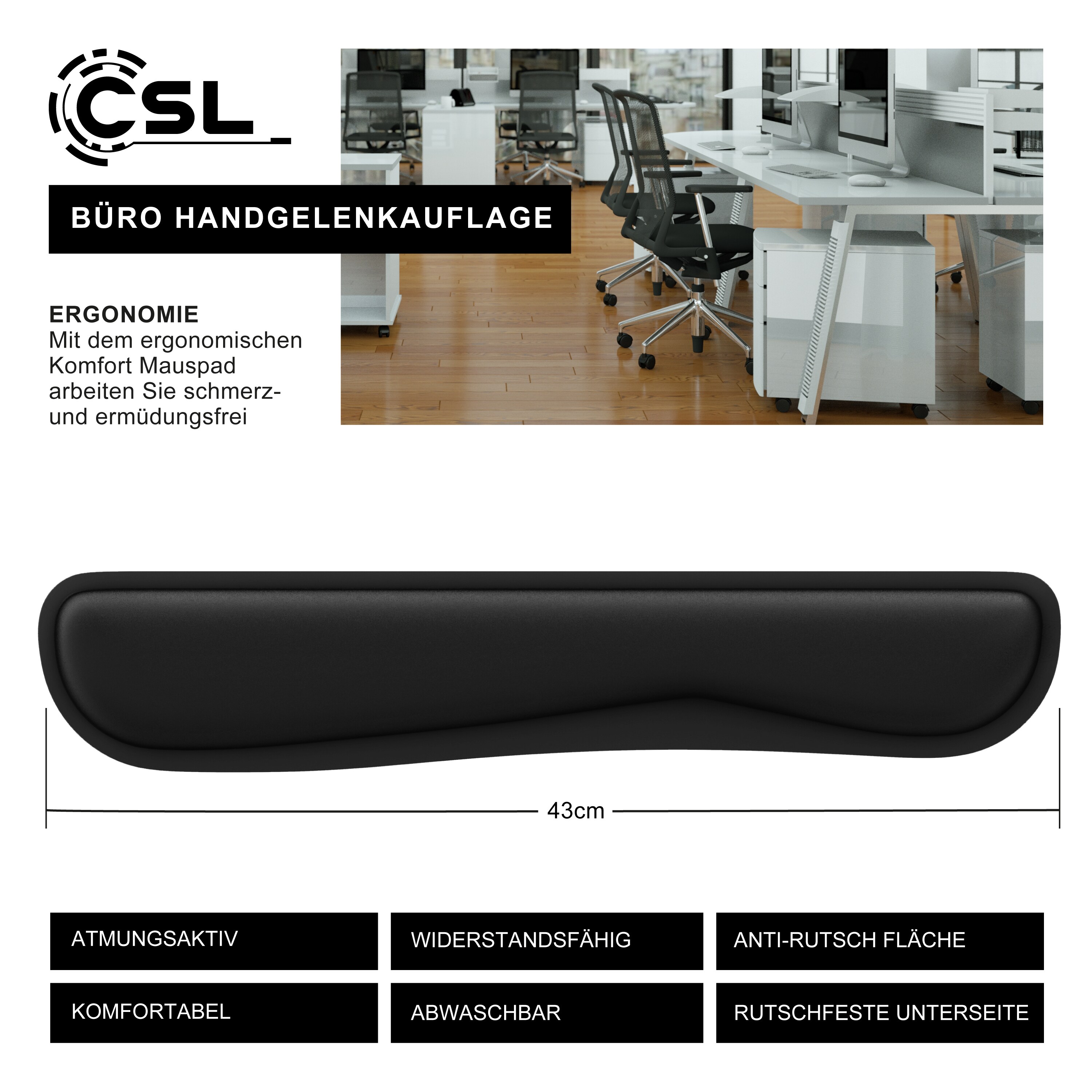 CSL Handgelenkauflage Tastatur Keyboard - Handballenauflage Handgelenkschoner - Maus und Tastatur - ergonomische Haltung - 43 cm - atmungsaktiv