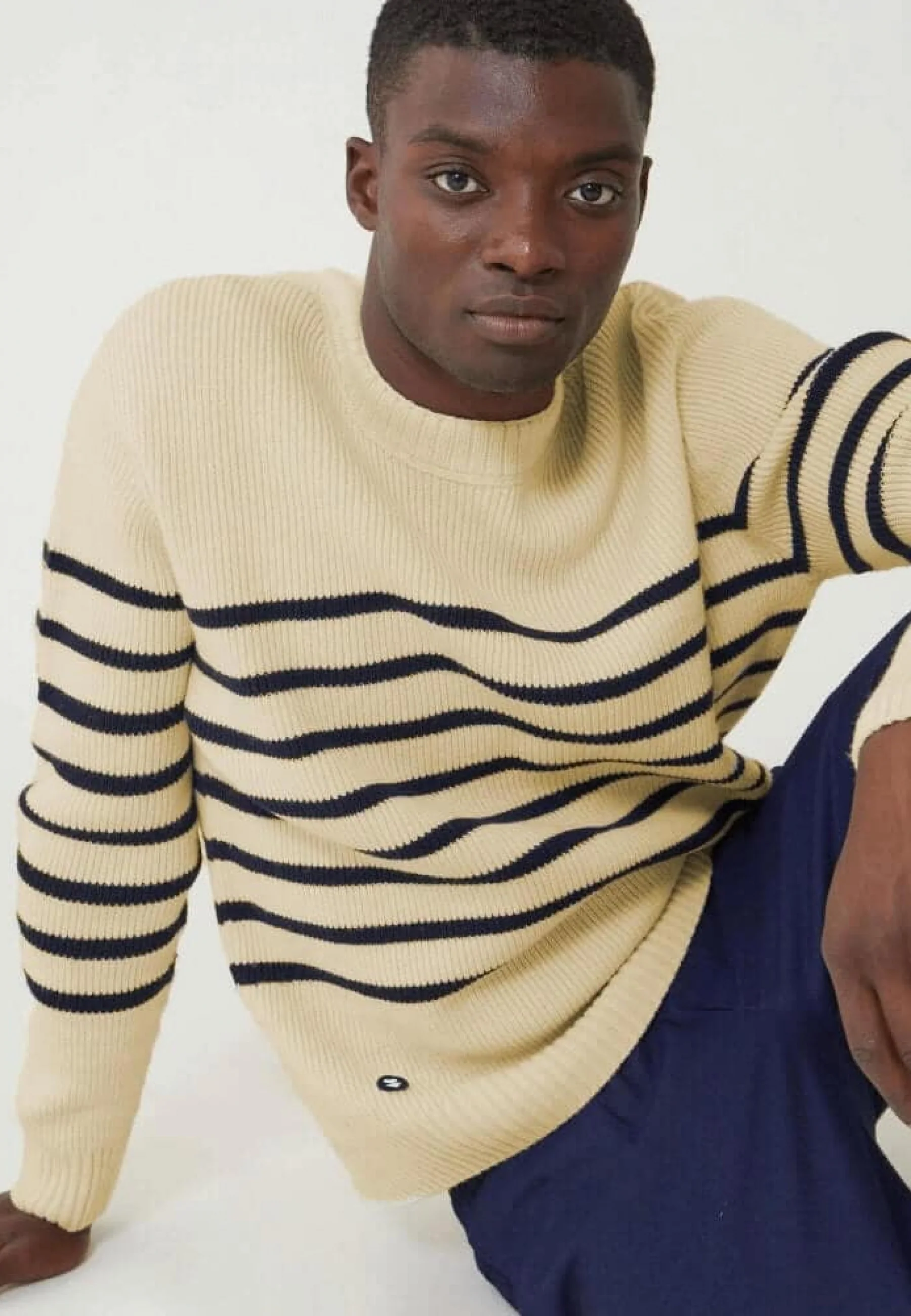 Pull mixte en laine française-Lude Marinière Ecru Marine