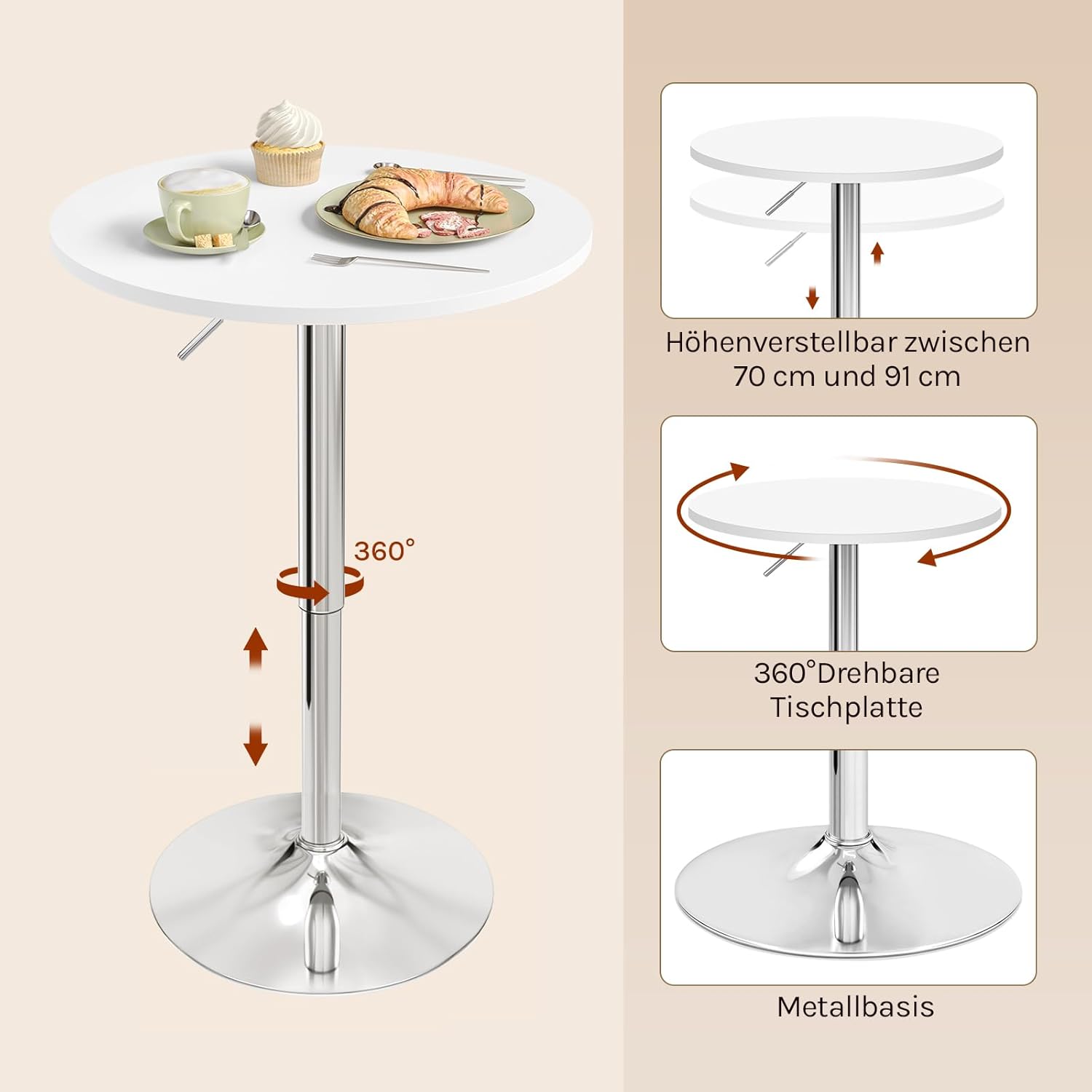 WOLTU Bartisch Stehtisch, höhenverstellbarer Tisch 70-91 cm, multifunktionaler Partytisch in Wohnzimmer Küche Balkon, Bistrotisch aus MDF Metall, Weiß, 60x60x91cm