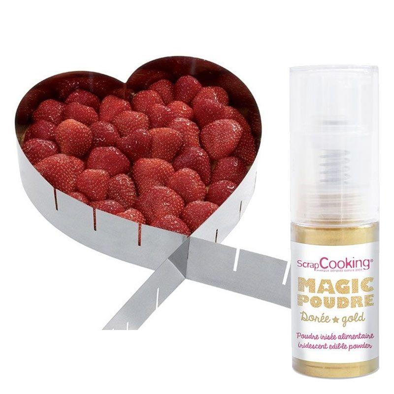 Cadre à pâtisserie extensible coeur + 1 poudre alimentaire irisée doré