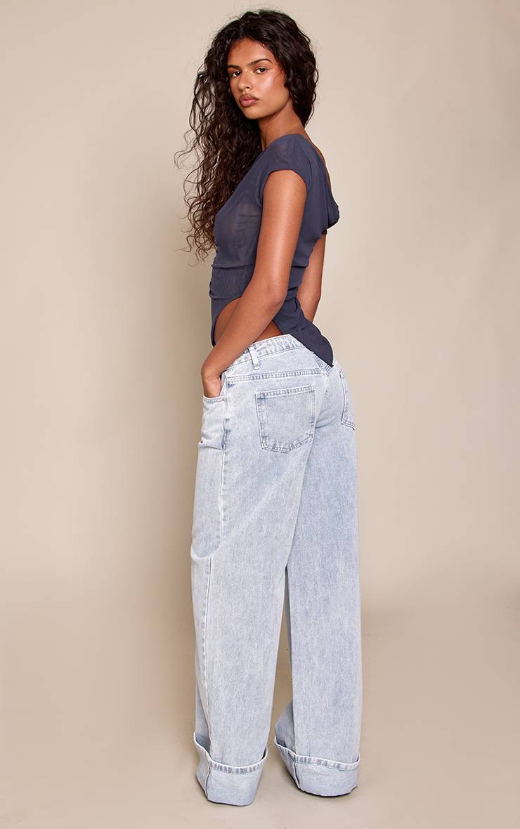Bleu Clair Jean Large À Revers Imprimé Léopard Blanc Et Noir