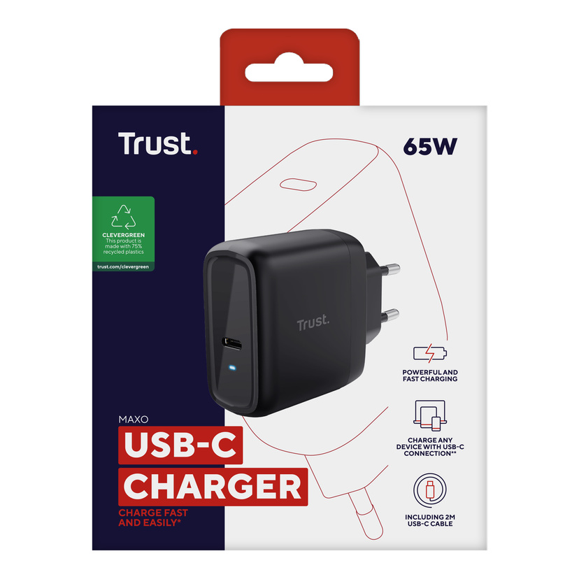 Lader med USB-C-kabel 65 W 5-20V/3A 110/230 V