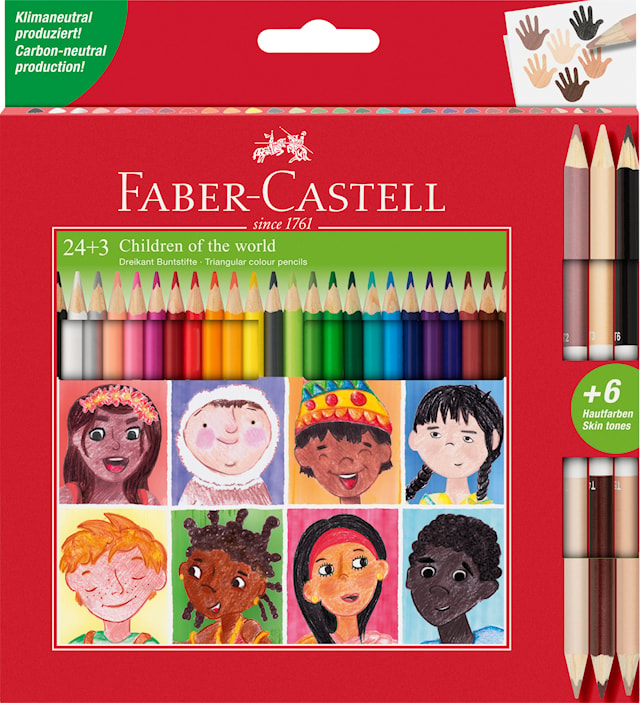 Triangulære fargeblyanter 24 farger + 6 Skintones Faber-Castell