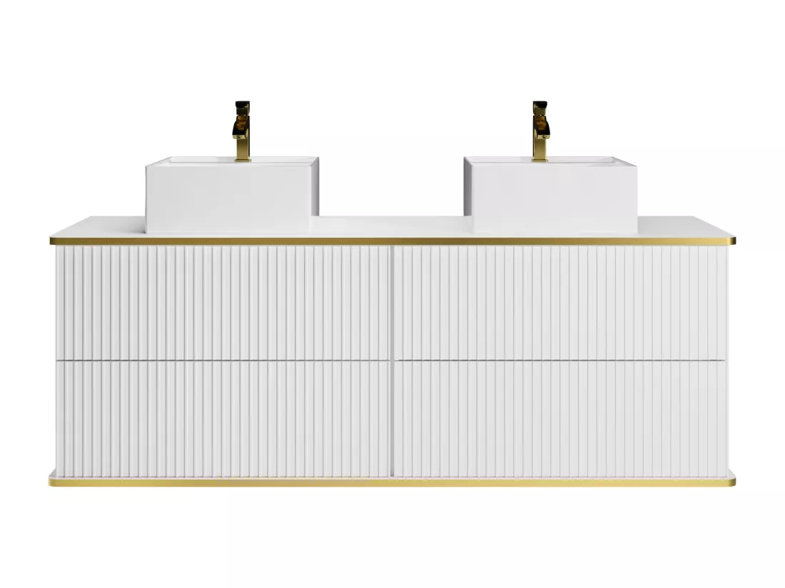 Meuble de salle de bain suspendu strié liseré doré avec double vasque à poser carrée - Blanc - 150 cm - KELIZA