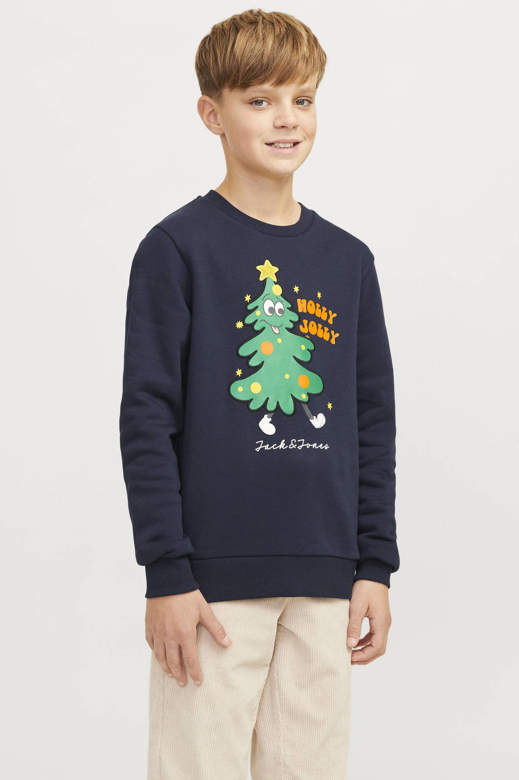 JACK & JONES kerstsweater JJXMAS JOLLY met printopdruk donkerblauw
